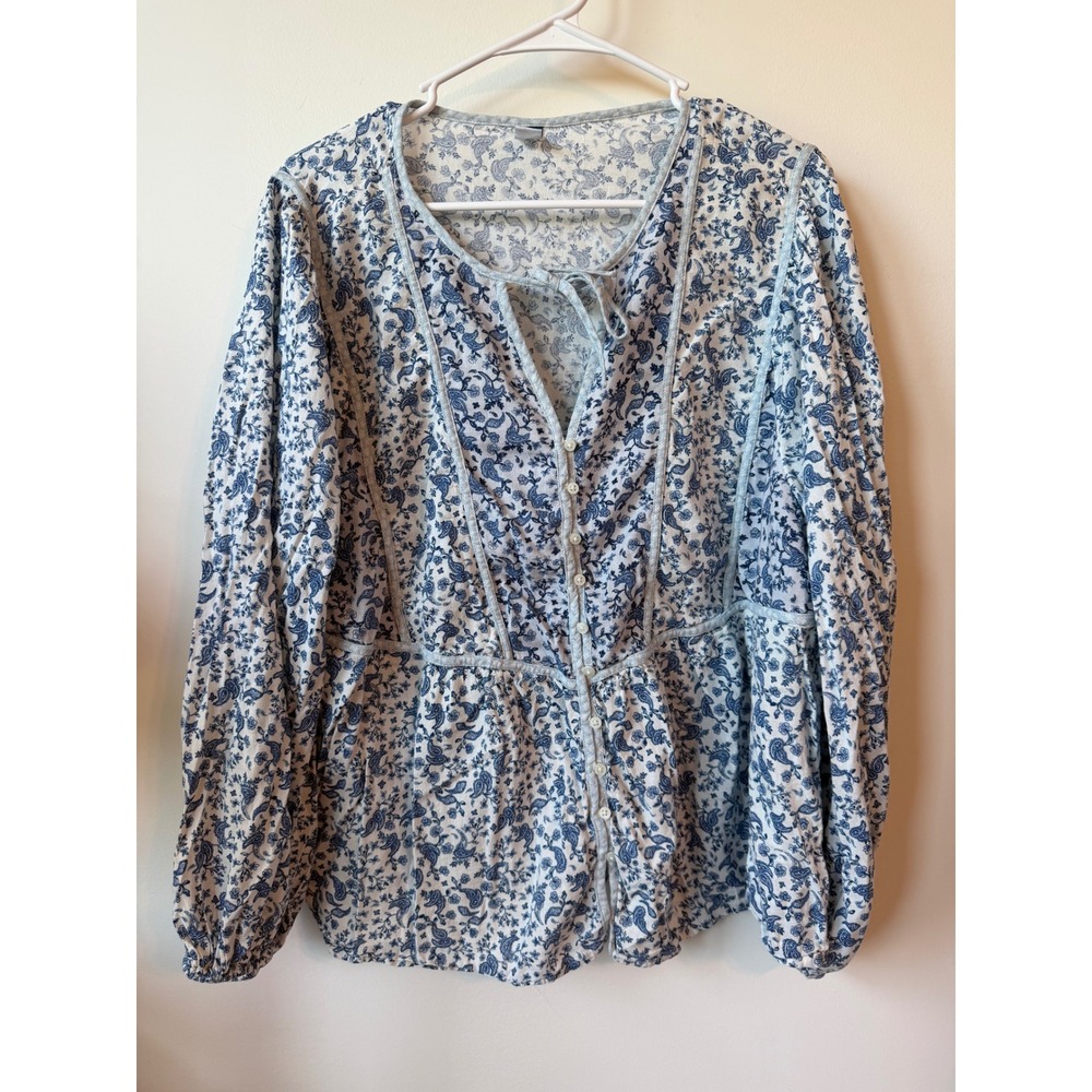 Old Navy Blue White Paisley Floral Button Down Peplum Blouse XL Long Sleeve